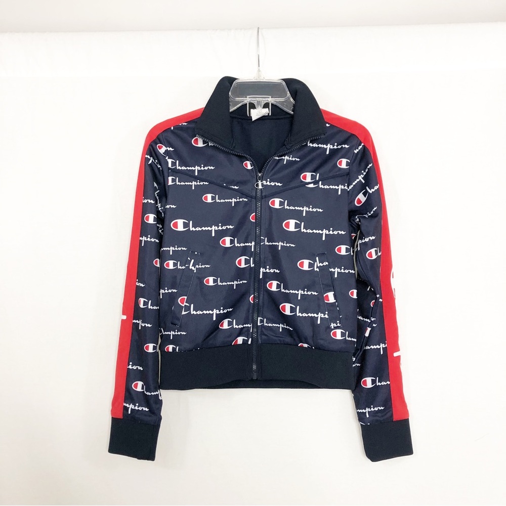 Champion Logo Zip Front Track Warm Up Jacket, Size XS, Blue Red